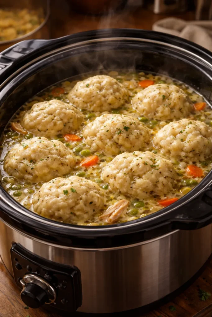 8 Chicken and Dumpling Recipes Like Grandma's 4 Dumplings in a slow cooker with steaming broth