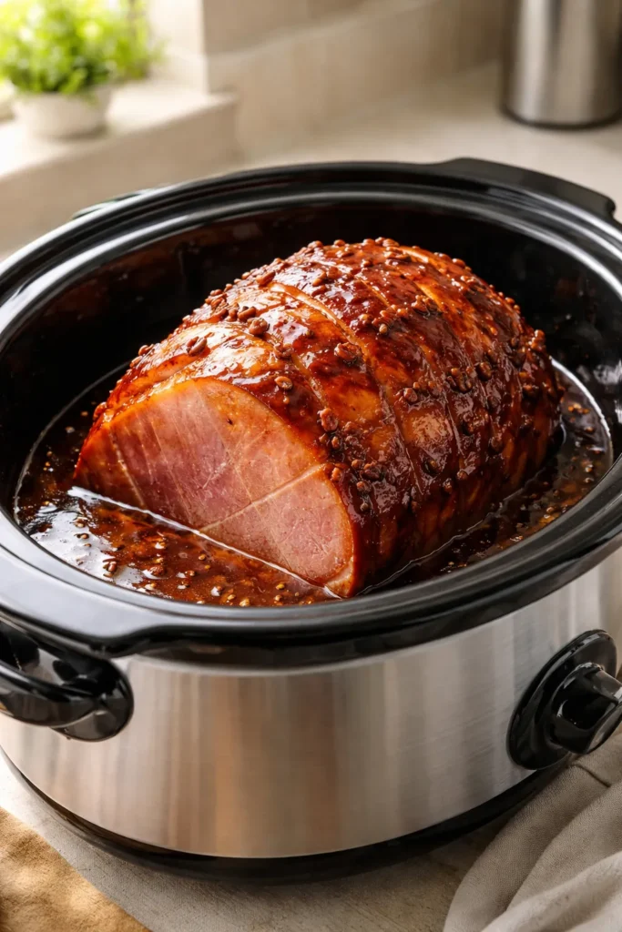 Glazed ham in slow cooker with maple brown sugar glaze