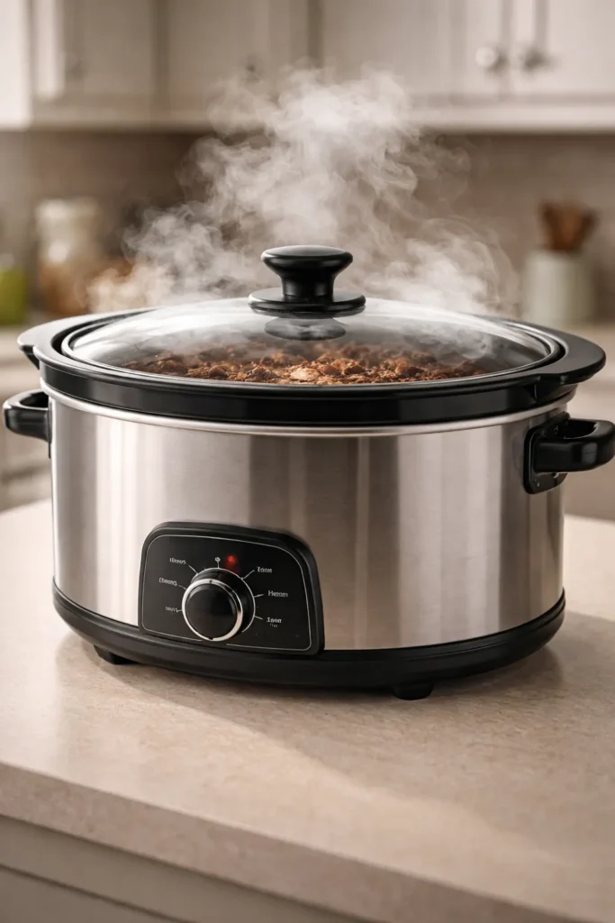 10 Slow Cooker Beef Recipes Fork-Tender 13 Close-up of a slow cooker with steam to illustrate common mistakes in slow cooking