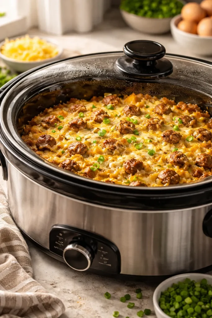 8 Breakfast Casseroles That Feed a Crowd 9 Sausage breakfast casserole in a glass-lidded slow cooker with cheese layers