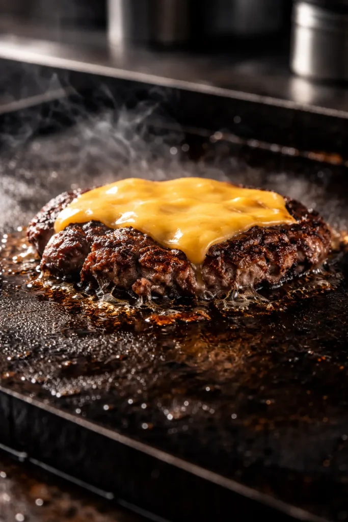 12 Easy Weekend Dinners for a Chill Night 1 Close-up of a smashed beef patty with a crispy crust on a cast-iron griddle