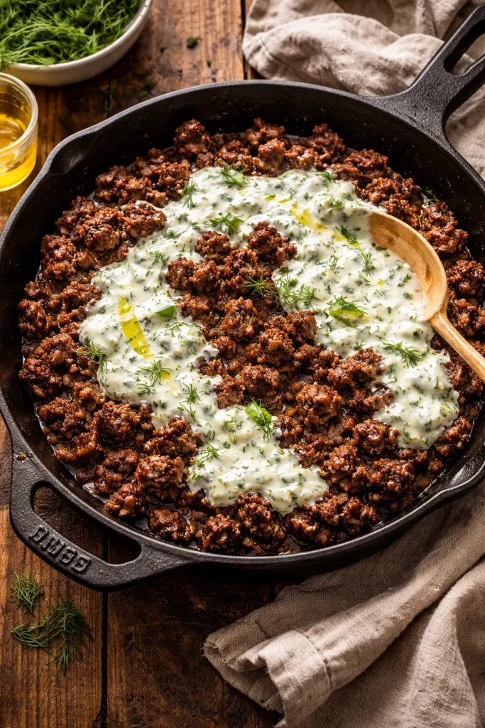 12 Kid-Friendly Dinners Beyond Chicken Nuggets 5 Skillet of crispy-edged smashed beef with cucumber yogurt swirl