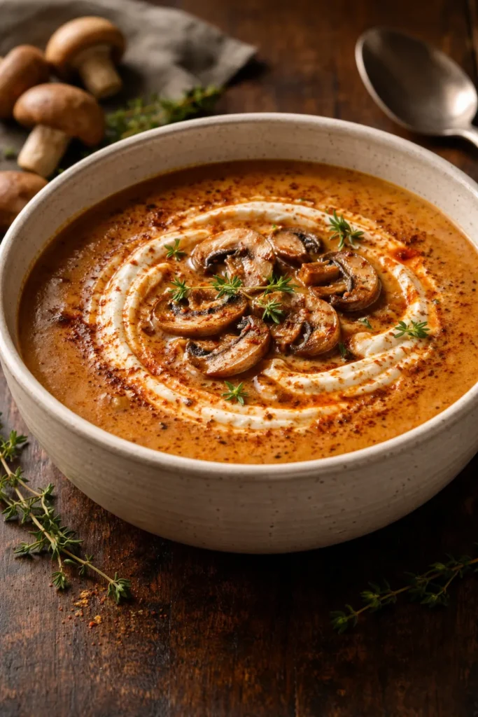 Close-up of creamy smoky paprika mushroom soup with crème fraîche swirl in a bowl