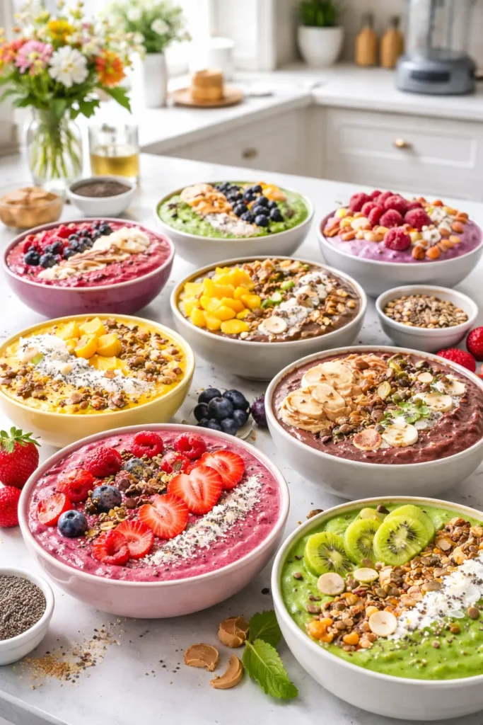 8 High Protein Smoothie Bowl Recipes 9 A collection of various colorful healthy protein smoothie bowls arranged on a counter.