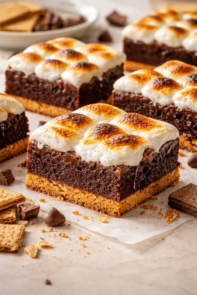 S'mores brownies with graham crust, neatly sliced