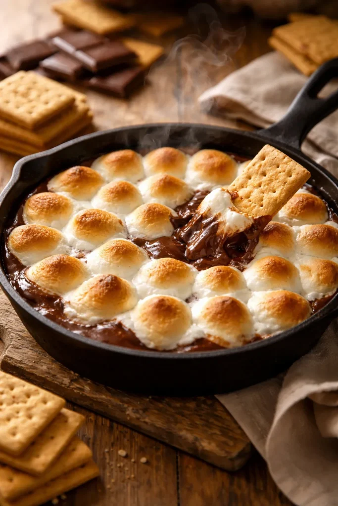 Melted chocolate and marshmallows in a cast-iron skillet