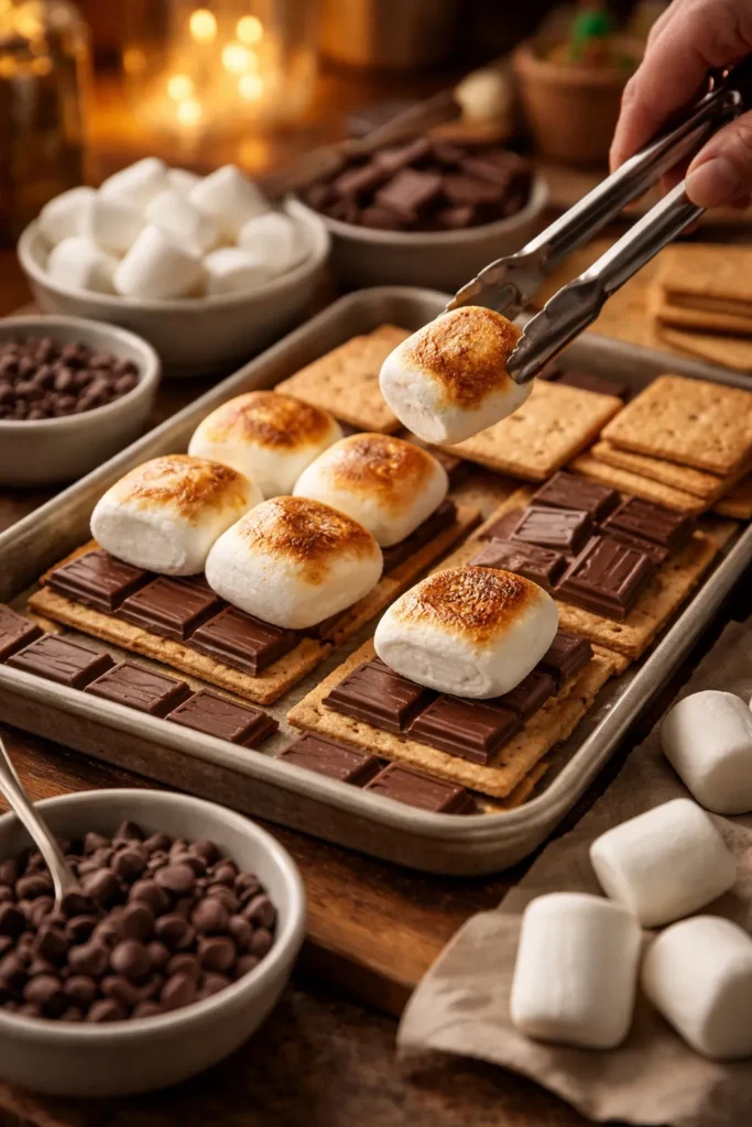 12 Fun Family Night Desserts to Make Together 11 S'mores arranged with toasted marshmallows and chocolate between graham crackers
