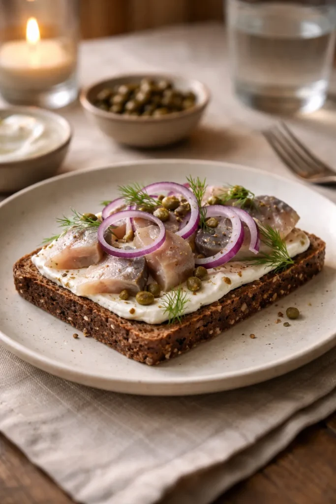 Open-faced rye sandwich with pickled herring on a plate