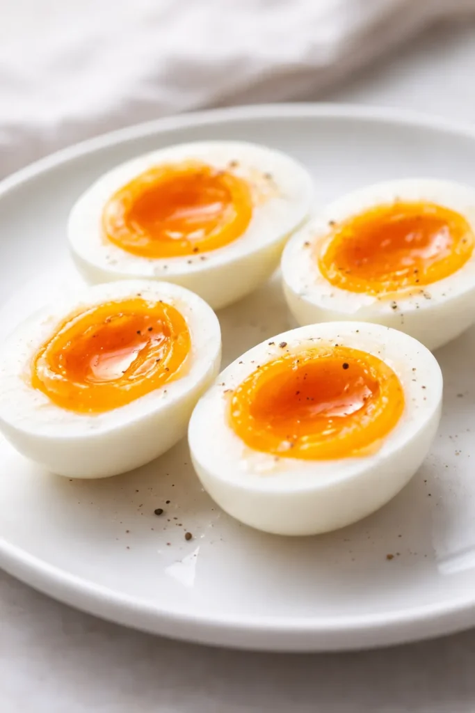 8 Egg Recipes Beyond Scrambled and Fried 3 Soft-boiled eggs halved showing jammy yolks on a plate