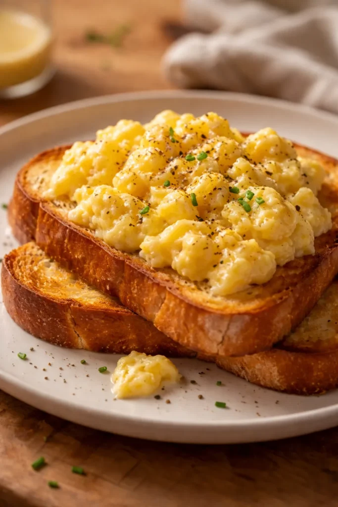 Soft scrambled eggs on toast on a plate