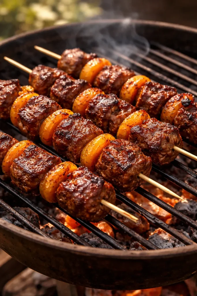 Lamb sosaties skewers with apricots on a wooden board, glaze visible