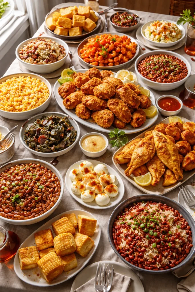 Overhead view of a full soul food spread on a long table