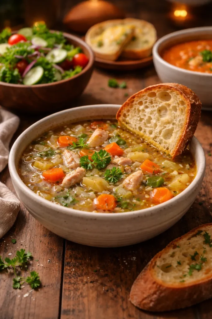 10 Homemade Soup Recipes for Any Season 15 Bowl of soup with crusty bread slice on a wooden table, warm lighting