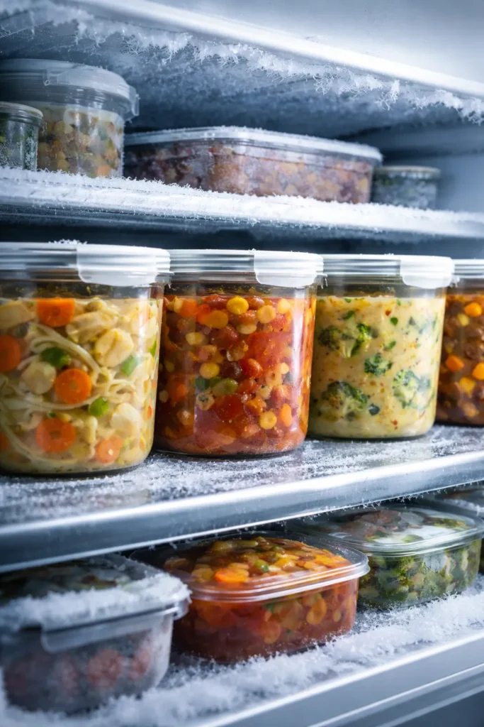 10 Homemade Soup Recipes for Any Season 14 Row of glass containers in a frosty freezer storing homemade soups