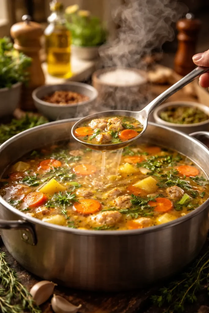 10 Homemade Soup Recipes for Any Season 13 Close-up of steaming soup bowl with tasting spoon, emphasizing flavor depth and layering