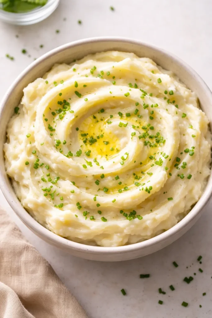 8 Mashed Potato Recipes Fluffy Every Time 4 Creamy mashed potatoes with chive garnish and subtle sheen.