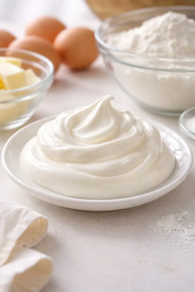 Dollop of sour cream on a small plate.