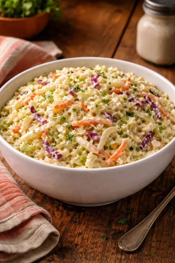 Southern creamy coleslaw with sour cream in a white bowl
