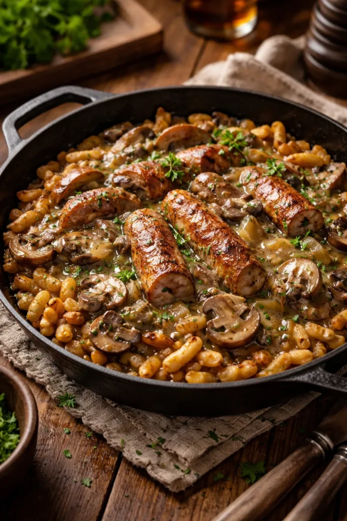 8 Bratwurst and Spaetzle Recipes for Dinner 7 Crispy spaetzle with bratwurst and mushroom gravy in a rustic skillet.
