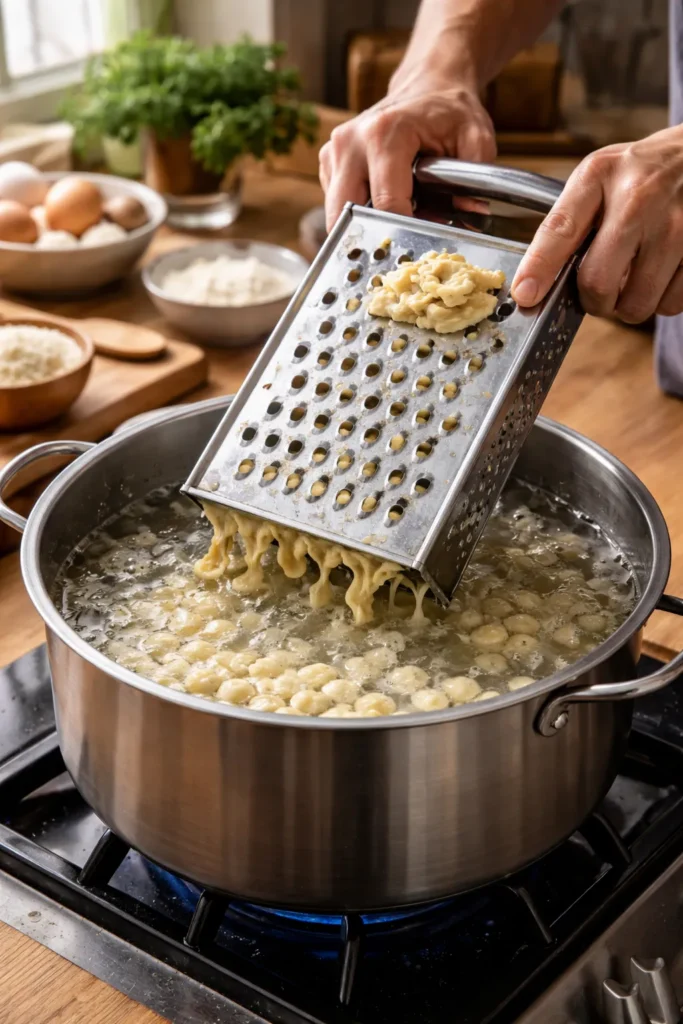 8 Bratwurst and Spaetzle Recipes for Dinner 10 Kitchen grater pressing spaetzle batter into boiling water.