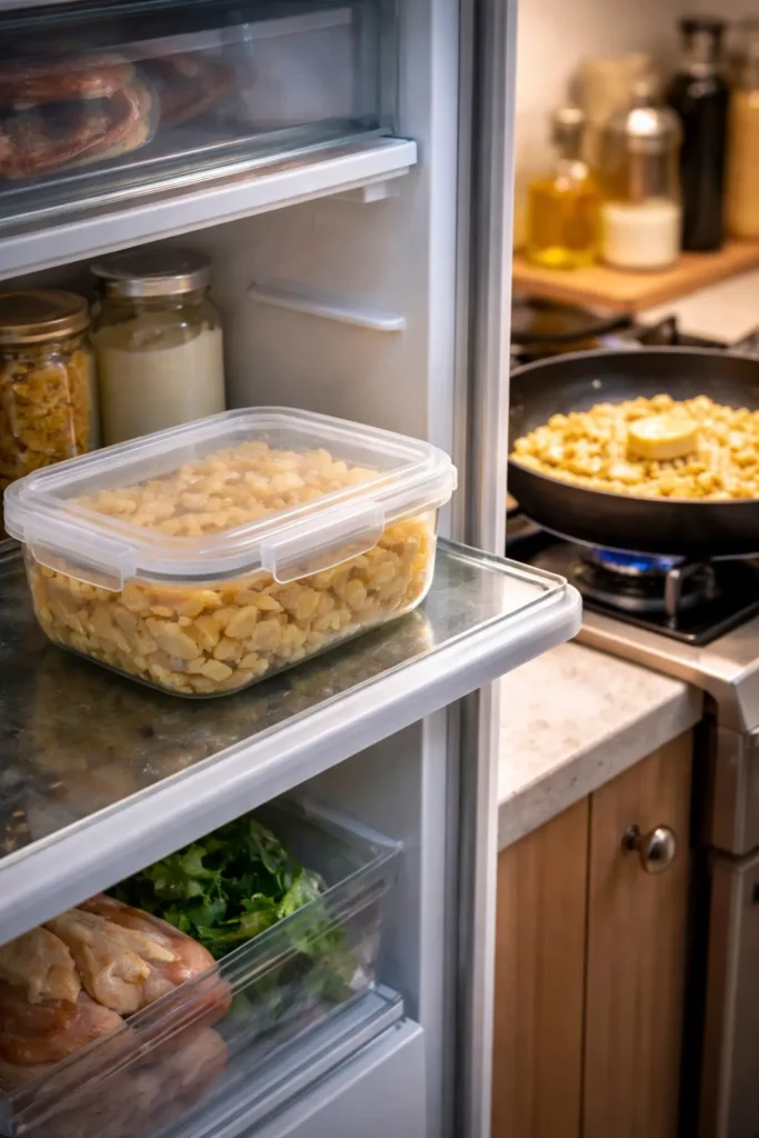 8 Bratwurst and Spaetzle Recipes for Dinner 11 Sealed spaetzle container in fridge with pan ready to reheat.