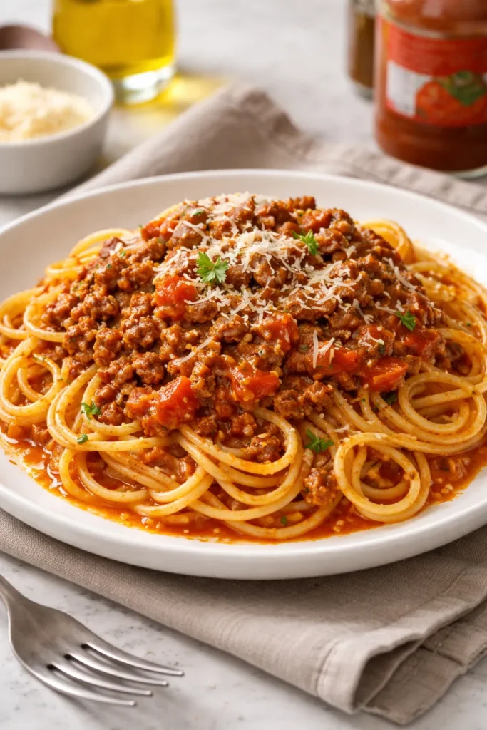 8 Spaghetti Bolognese Recipes to Try Tonight 6 Spaghetti bolognese with marinara-based sauce on plate
