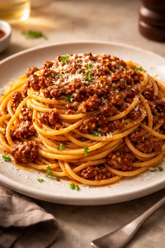 8 Batch Cooking Recipes for Easy Weeknights 9 Plate of spaghetti with rich beef bolognese sauce