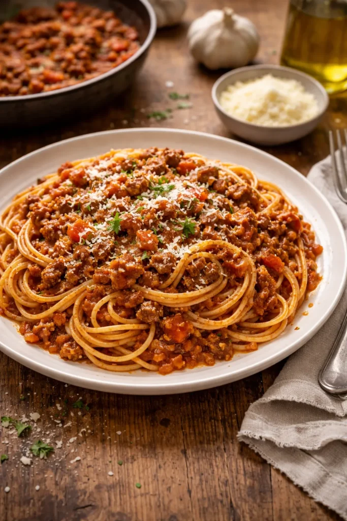 8 Spaghetti Bolognese Recipes to Try Tonight 1 Close-up of classic weeknight spaghetti bolognese on plate with thick sauce and beef