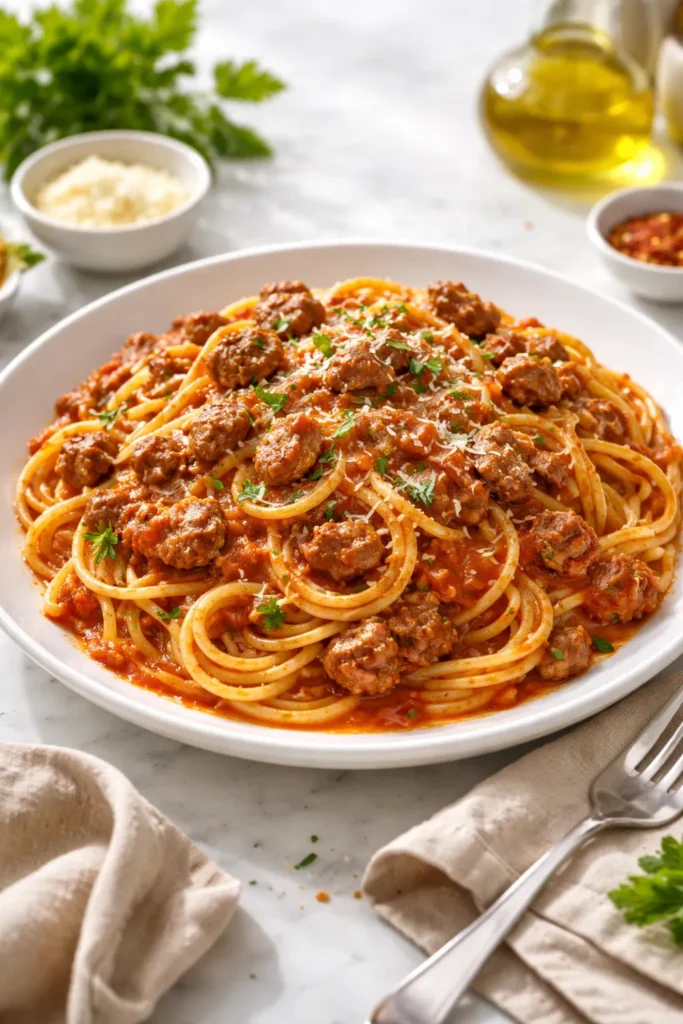 10 Cheap Family Dinners Everyone Eats 4 Plate of spaghetti with meat sauce and browned meat