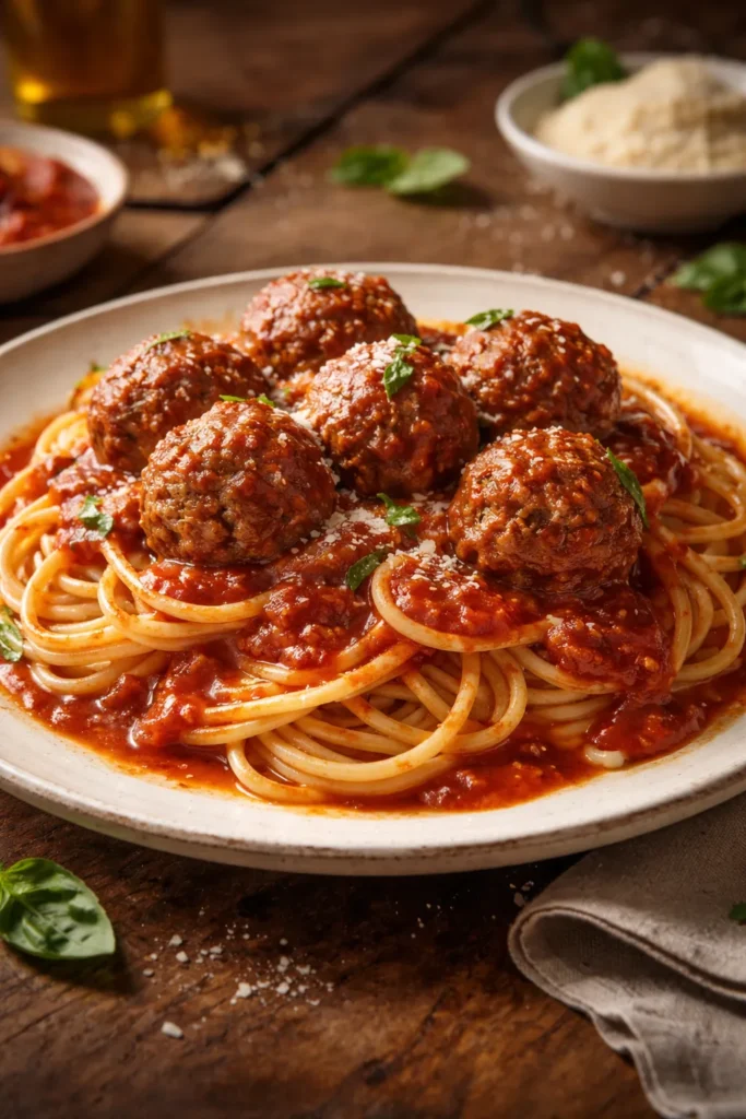 Plate of spaghetti with meatballs in red Sunday gravy