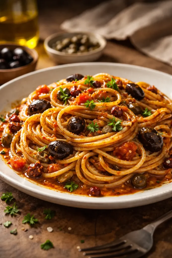 12 Easy Pasta Dinners Better Than Takeout 10 Spaghetti puttanesca with olives and capers in sauce