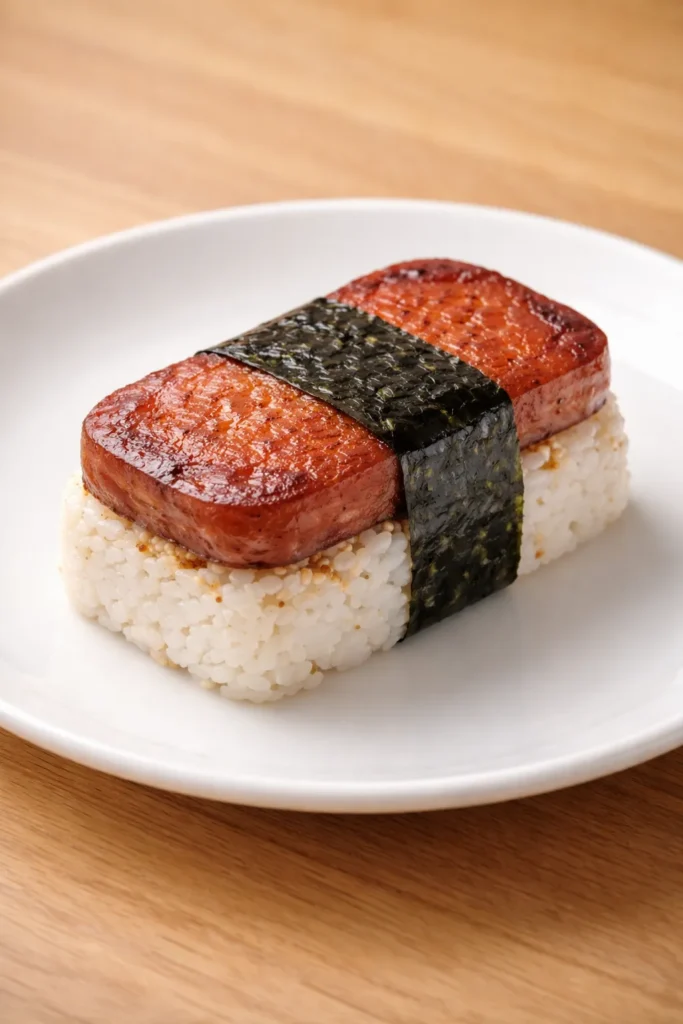 Spam musubi on a plate wrapped in nori