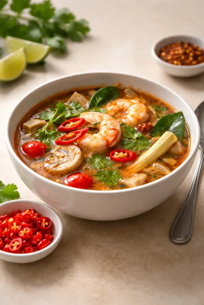 Tom Yum soup with red chili garnish showing adjustable spice