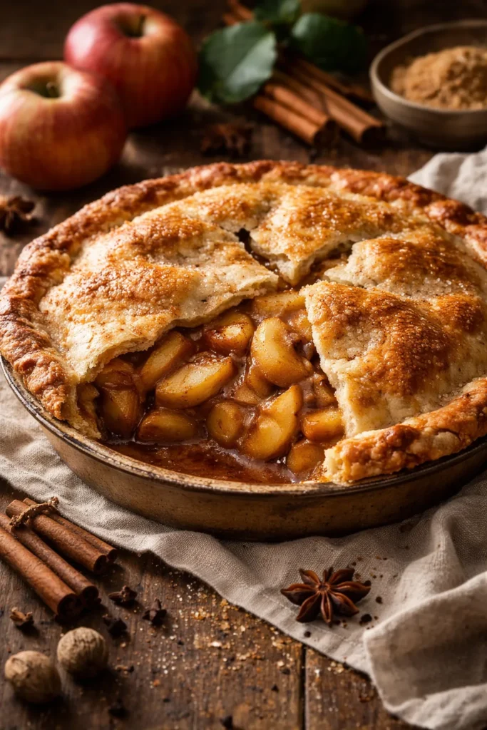 Spiced apple pie with visible spice specks and golden crust