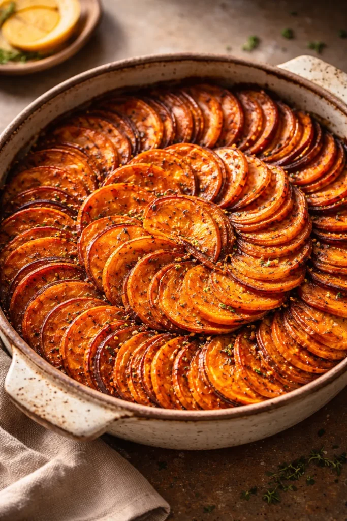 Close-up of layered spiced sweet potato tian with caramelized edges in a rustic baking dish