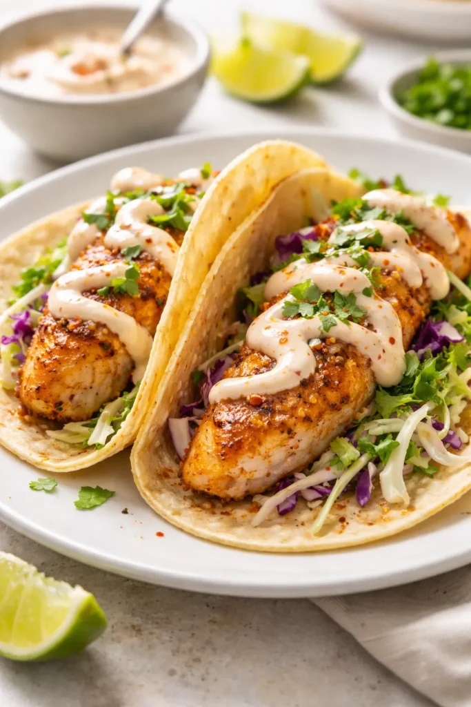 8 Easy Fish Taco Recipes for Taco Night 7 Close-up of spicy fish tacos with yogurt-sriracha sauce on a plate