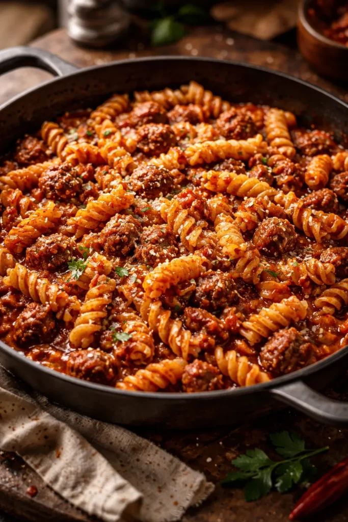 Spicy fusilli with Calabrian chili and sausage in a rich tomato sauce