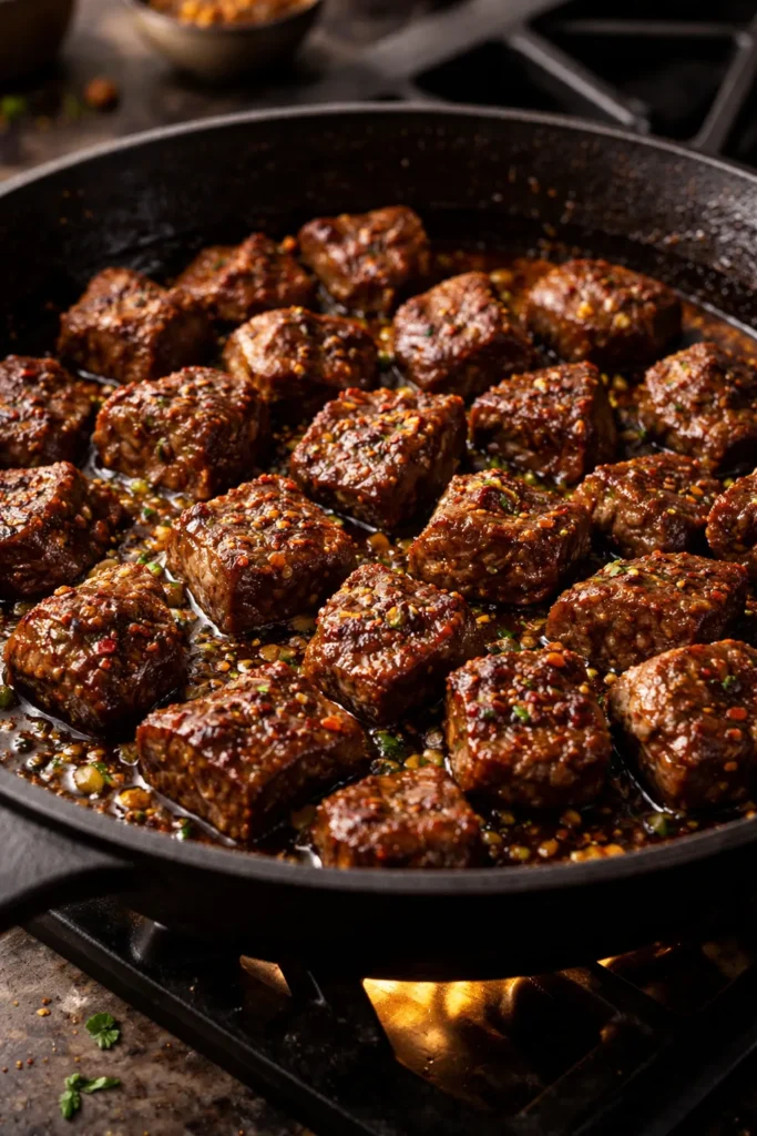 Spicy garlic butter steak bites with red pepper flakes in pan sauce