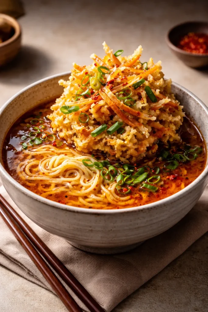 Close-up of Spicy Miso Tempura Ramen with kakiage topping.