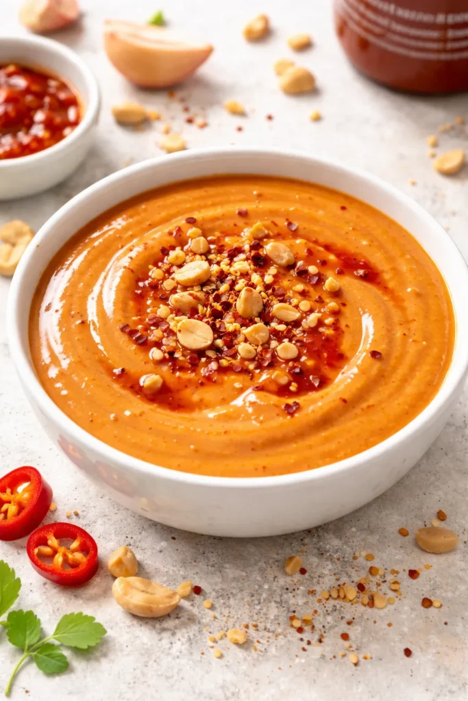 Spicy sriracha peanut sauce in a dish with orange hue.