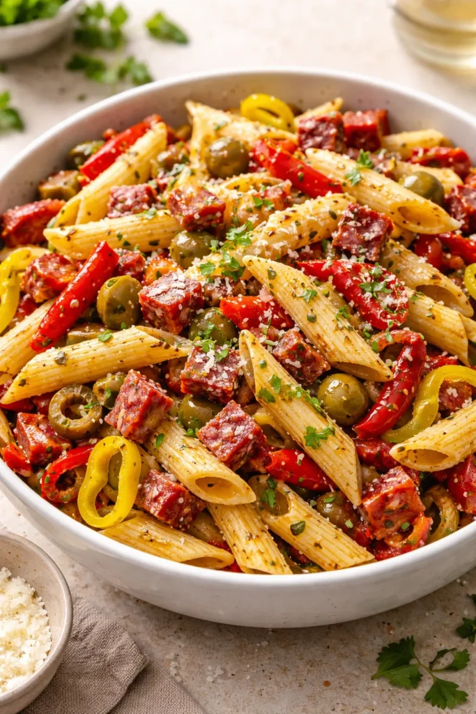 8 Pasta Salad Recipes for Your Next Cookout 8 Pasta salad with spicy salami, roasted peppers, olives, and Parmesan