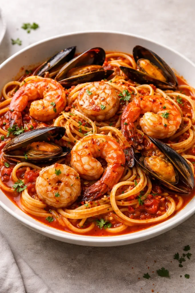 Linguine with spicy red sauce and seafood