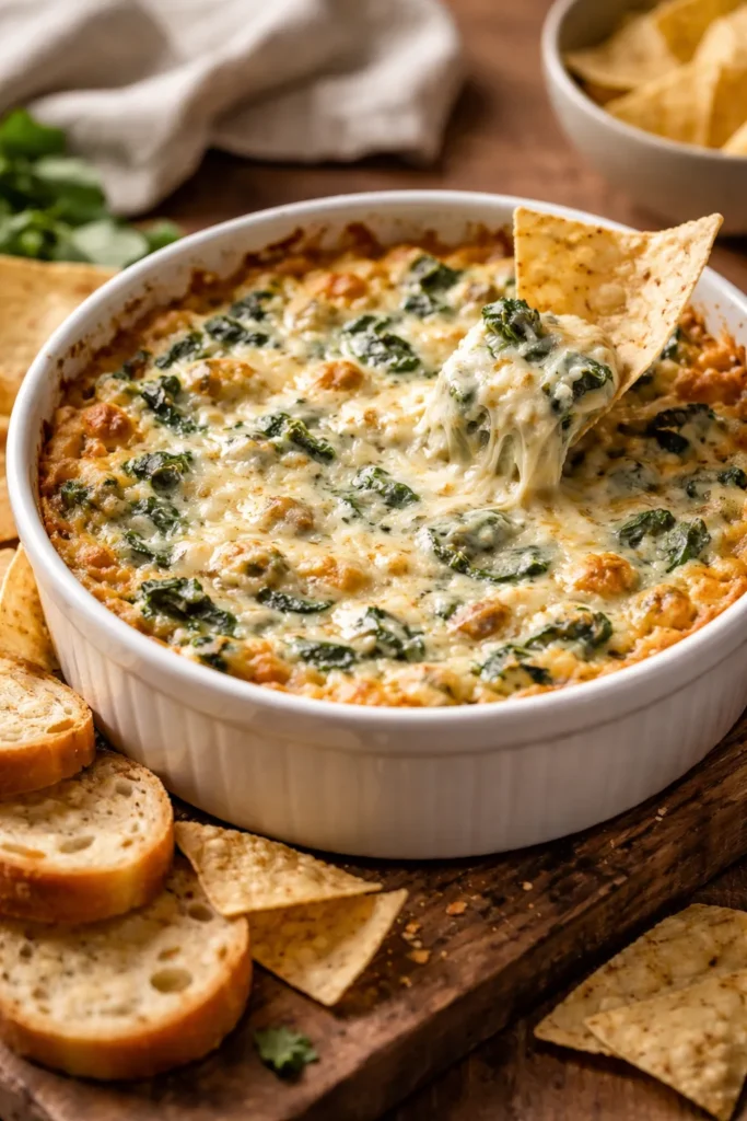 8 Easy Dip Recipes for Parties and Snacking 1 Bubbly spinach artichoke dip in a ramekin with a creamy surface and spinach chunks