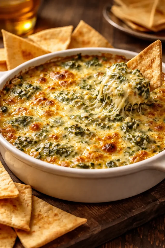 Hot spinach artichoke dip bubbling in a round dish
