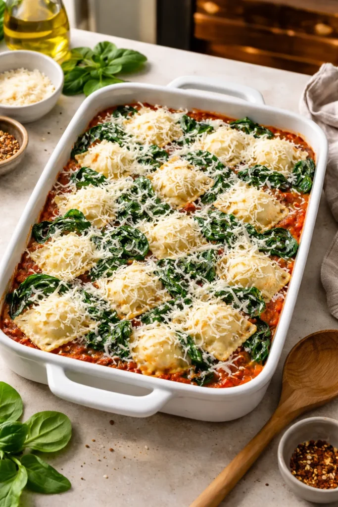 10 Oven-Baked Meals for Easy Weeknight Dinners 7 Layered spinach ravioli bake in a baking dish with marinara and mozzarella