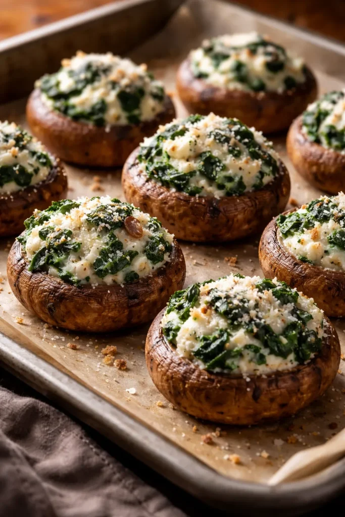 Spinach and ricotta stuffed mushrooms on a baking sheet with light filling