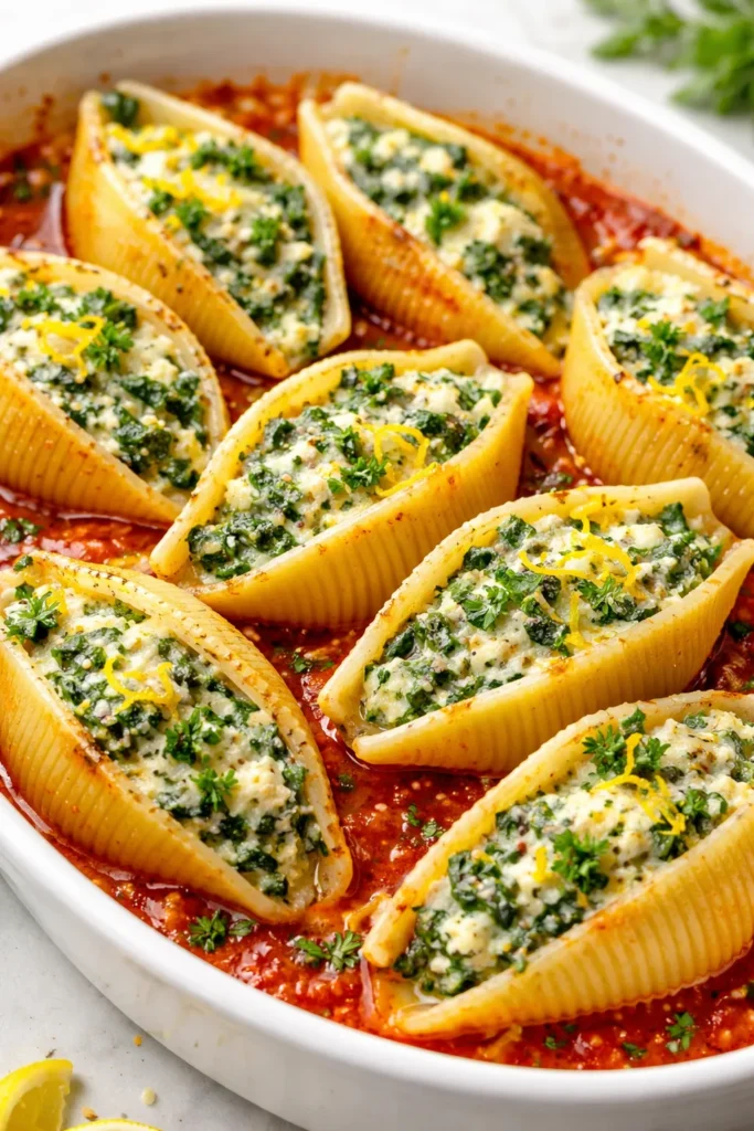 10 Stuffed Pasta Shell Recipes for Dinner 3 Spinach and ricotta stuffed shells with lemon zest on plate