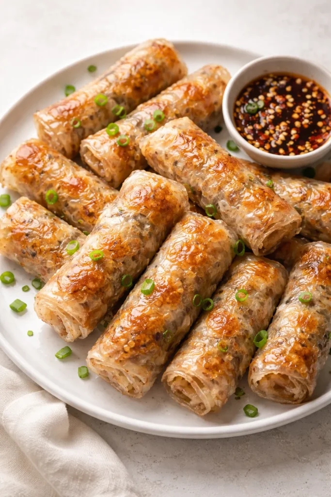 12 Air Fryer Dinners Crispy Without the Oil 5 Crispy spring rolls on a plate with blistered rice paper