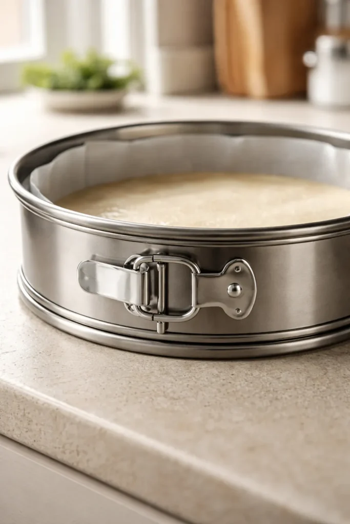 How to Bake a Rich Cheesecake Without Cracking 7 Close-up of a sturdy stainless steel springform pan latch