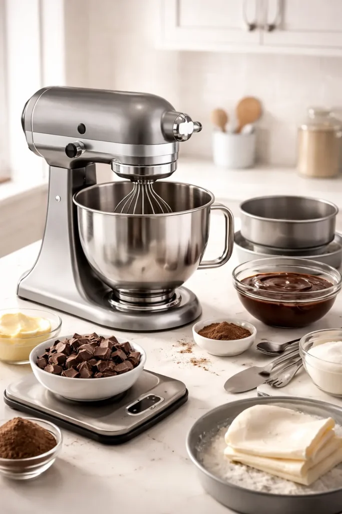 Rich Chocolate Ganache Cake for Birthdays 5 Stand mixer with stainless steel bowl on a clean counter